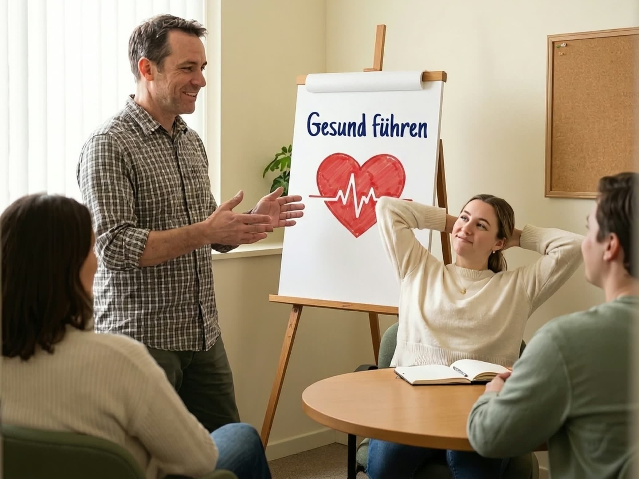 Führungskraft im Gespräch mit dem Team vor einem Flipchart mit der Aufschrift «Gesund führen»